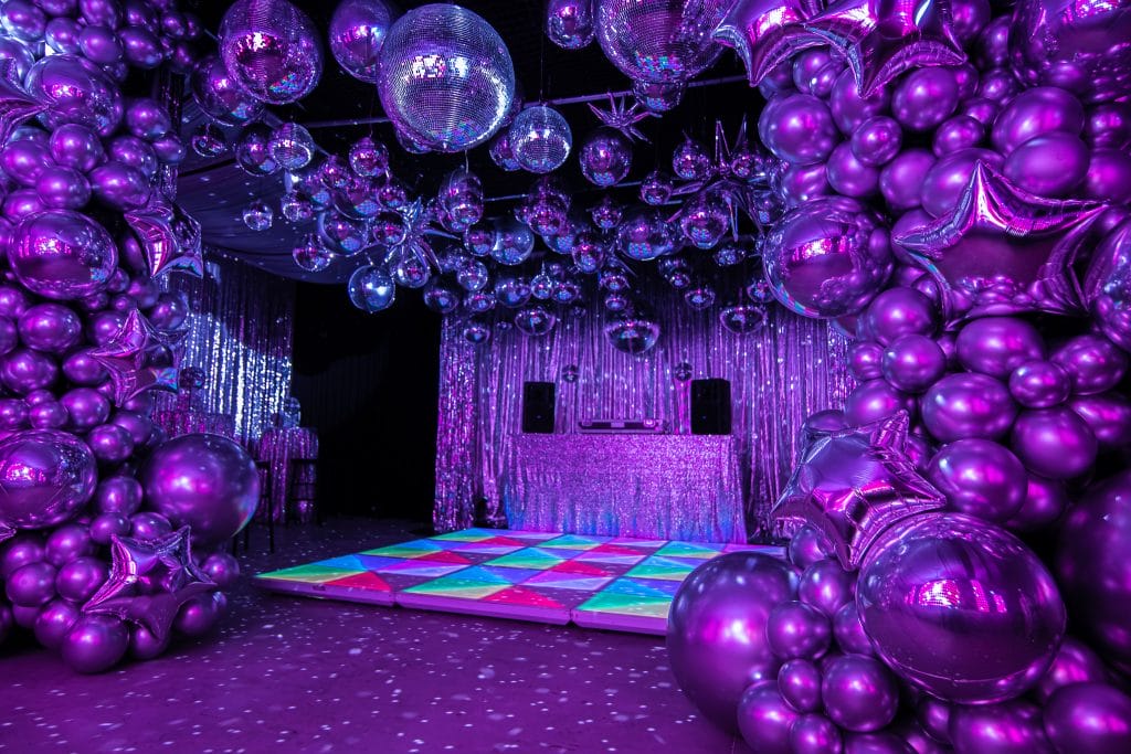 70s silver disco theme illuminated LED dance floor and mirror balls - styling a disco party