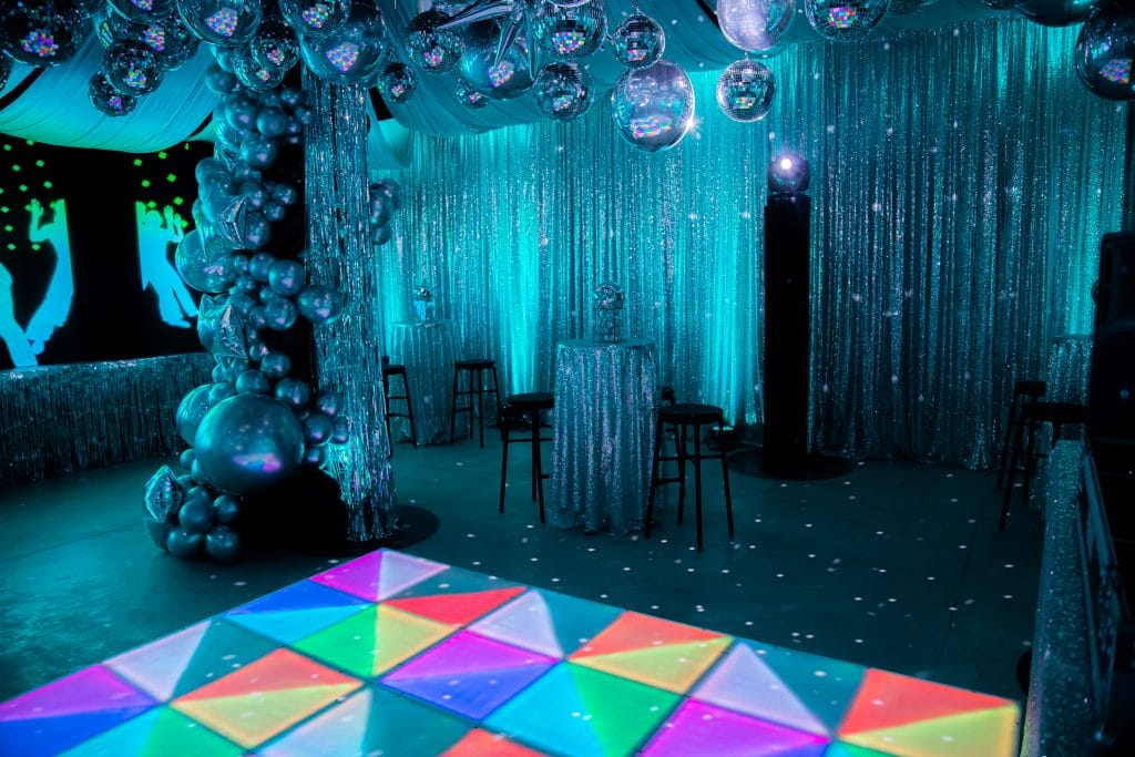 70s silver disco party balloon garland led dance floor