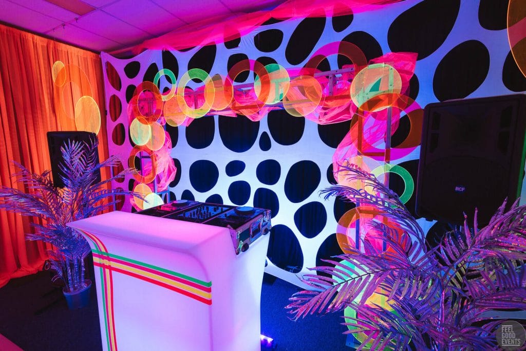 DJ booth at neon themed event