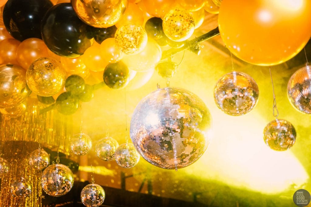 studio 54 themed party with silver mirror balls Studio 54 transformation