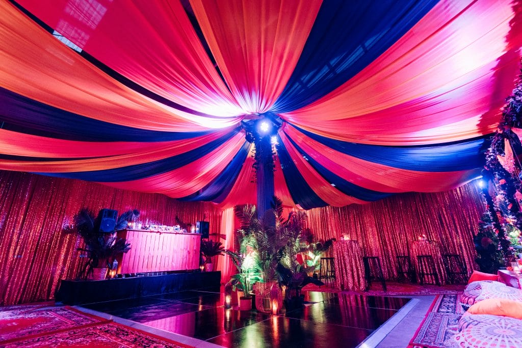 arabian nights theme ceiling drapes Moroccan party theme setup