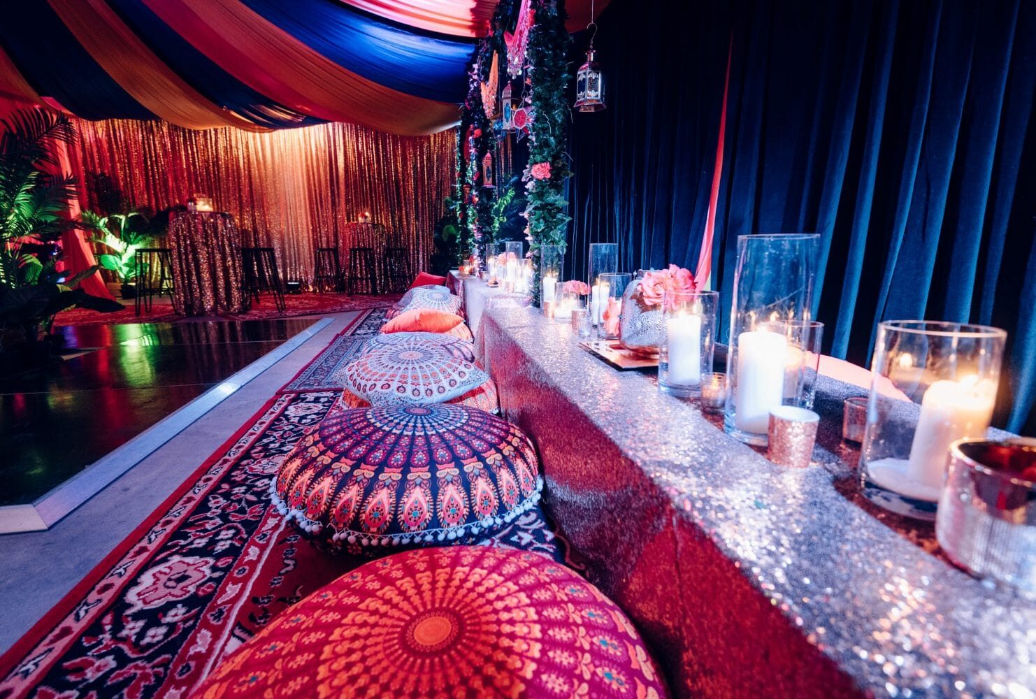 arabian nights themed event table setup with cushions