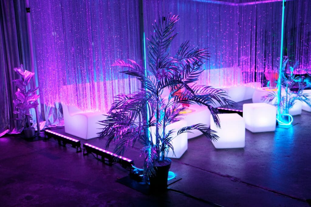 curtain, illuminated furniture, coloured lights Party decorating budget