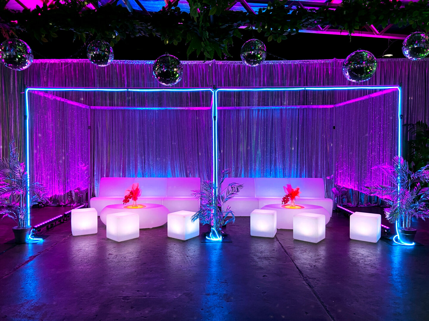 Neon disco theme illuminated LED glow seating and stools