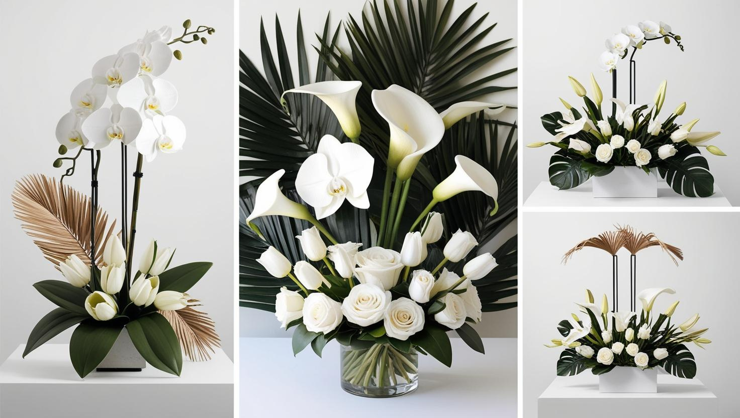 Popular Wedding Florals for 2025 - Modern minimalist arrangements White orchids, calla lilies, anthuriums, roses, and tulips.