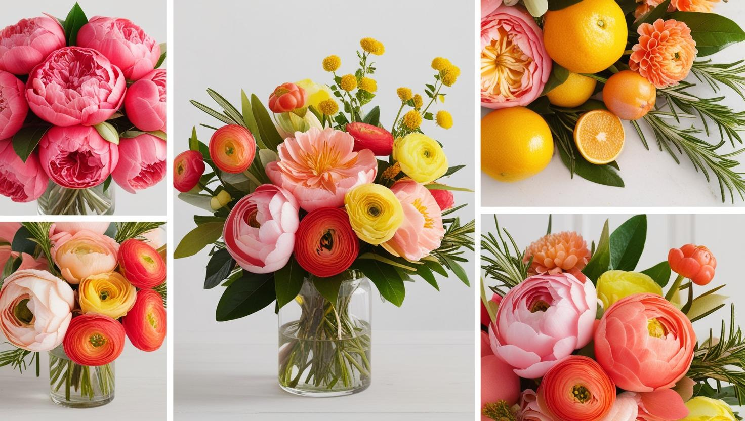 Citrus & pastel floral bouquets Coral peonies, yellow ranunculus, peach roses, and blush dahlias