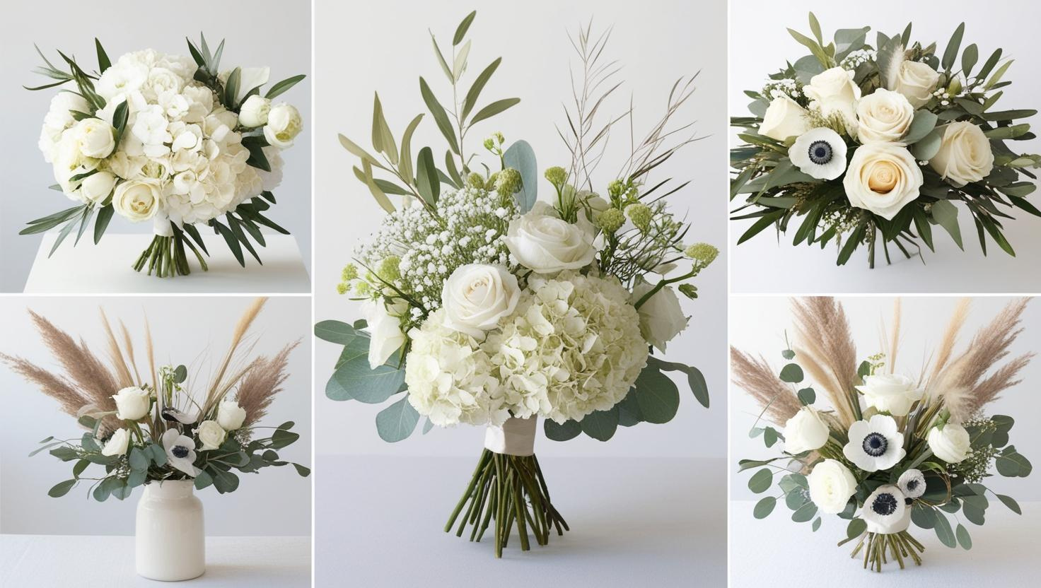 Popular Wedding Florals for 2025 - Soft & Neutral tone florals White roses, hydrangeas, lisianthus, baby’s breath, and anemones.