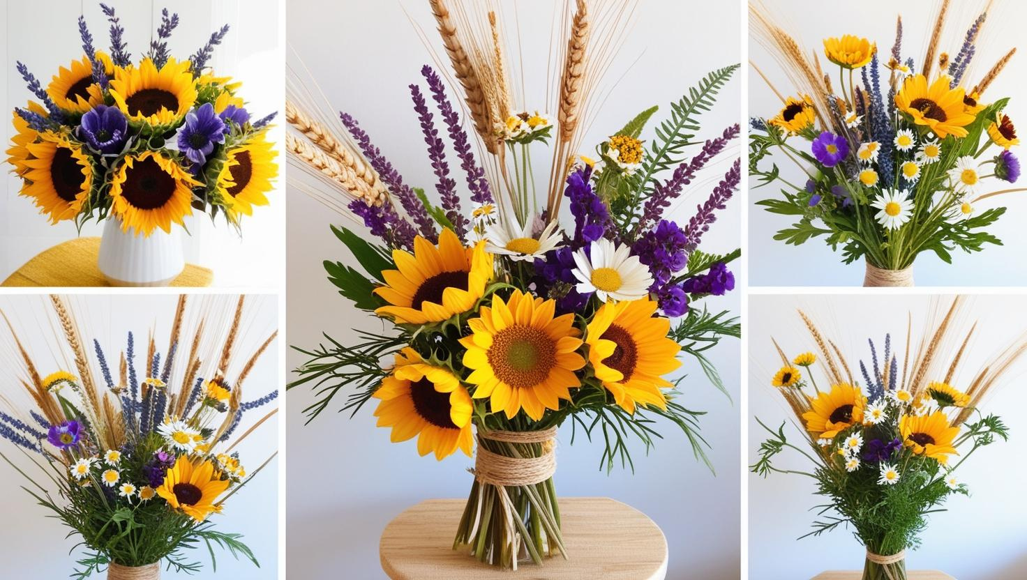 Popular Wedding Florals for 2025 - wildflower & boho-inspired bouquets Sunflowers, lavender, daisies, cornflowers, chamomile, and cosmos.