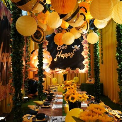 Bumble Bee Party Theme balloons, table setup, table decor and greenery