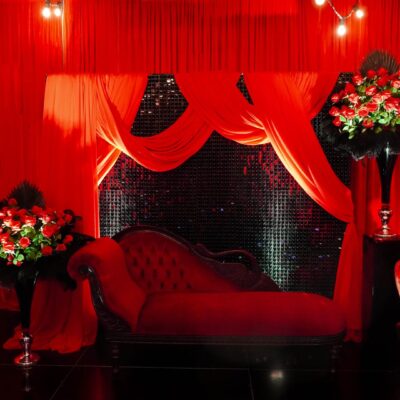 red velvet loveseat Burlesque theme decorating essentials