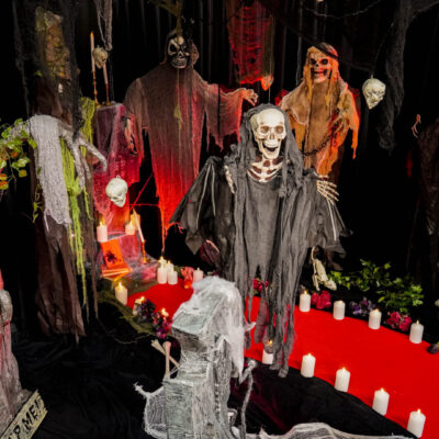 themed halloween hanging props. red carpet, candles