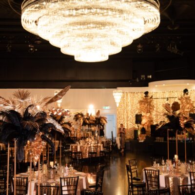 tables with black and gold gatsby inspired centrepieces San Remo Ballroom