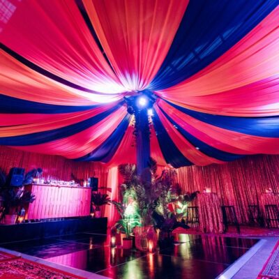 arabian nights theme ceiling drapes Moroccan party theme setup