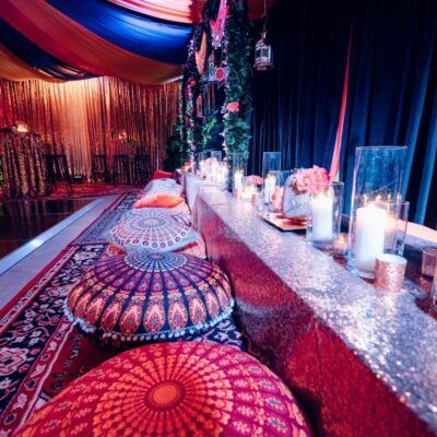 arabian nights themed event table setup with cushions