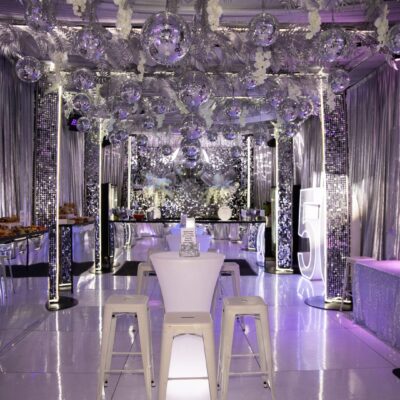 Silver metallic disco party Bar furniture with light up bar tables Silver & White style decorating ideas