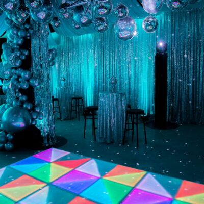 70s silver disco party balloon garland led dance floor