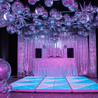 70s silver disco theme led dance floor and silver mirror balls 70's disco theme decorating ideas