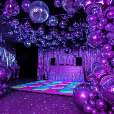 70s silver disco theme illuminated LED dance floor and mirror balls - styling a disco party